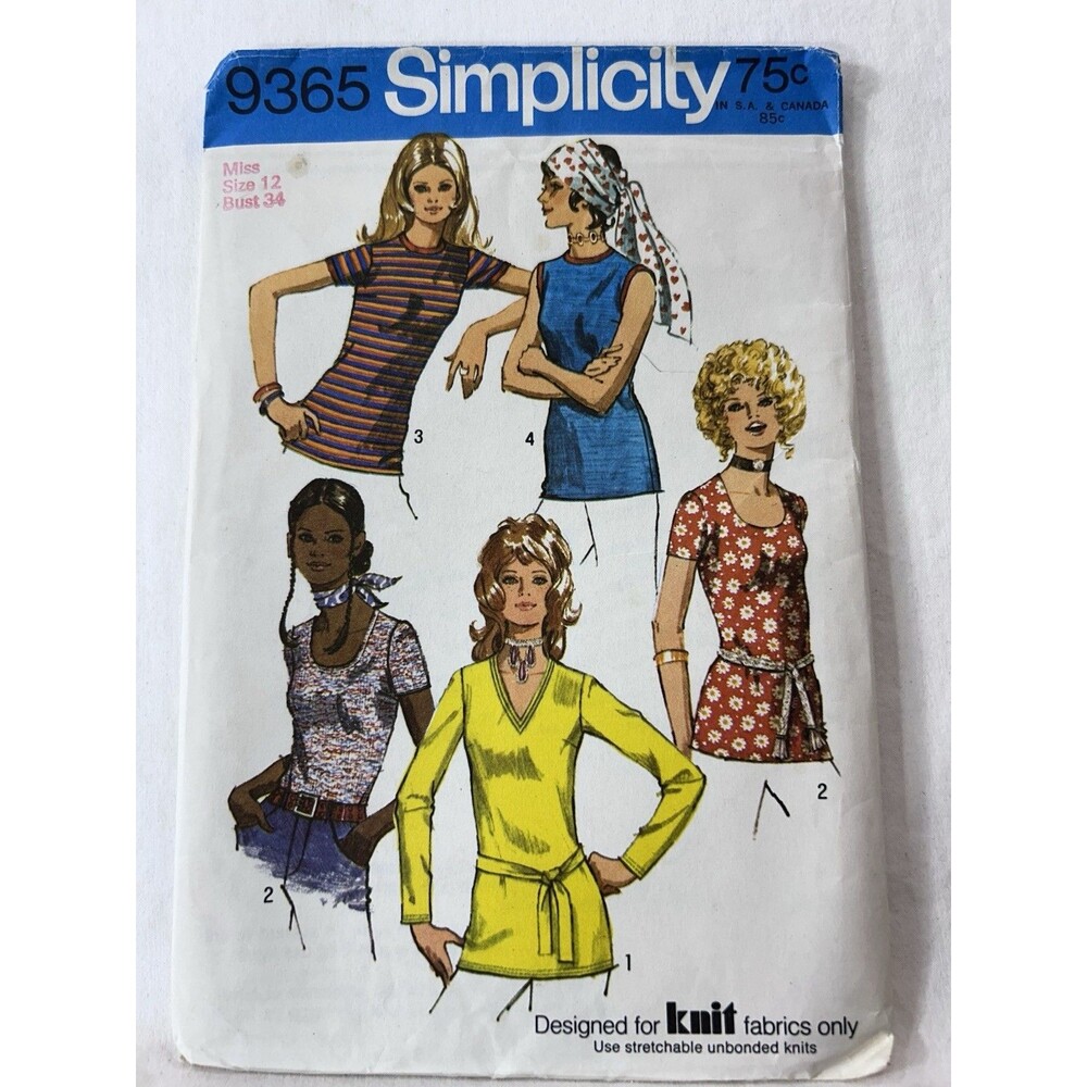 Vintage 1970s Simplicity 9365 T Shirt Stretch Knit Pattern Sz 12 CUT